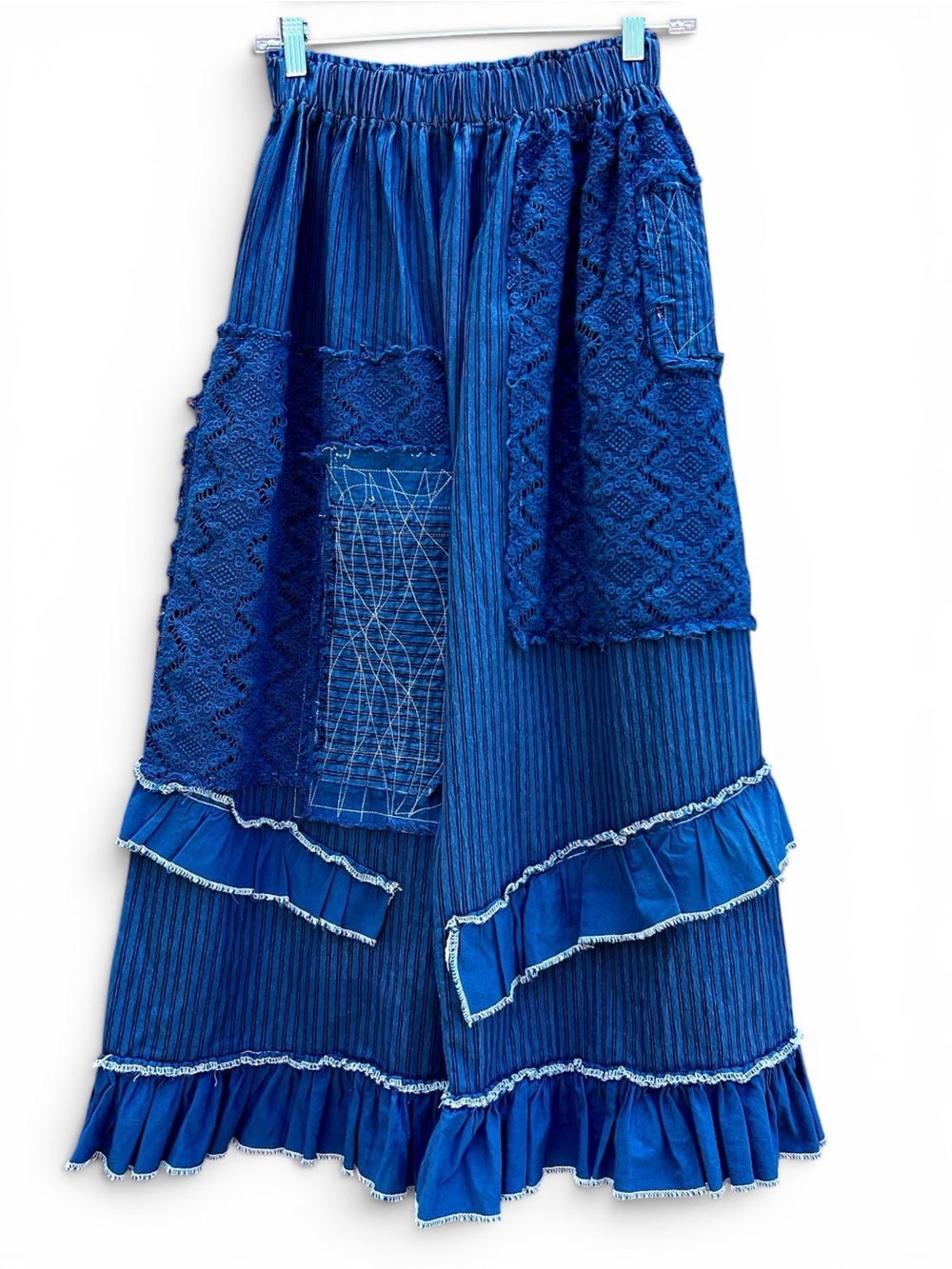 Blue NWOT Jaded Gypsy Stripped Patchwork Green Ruffled Pant